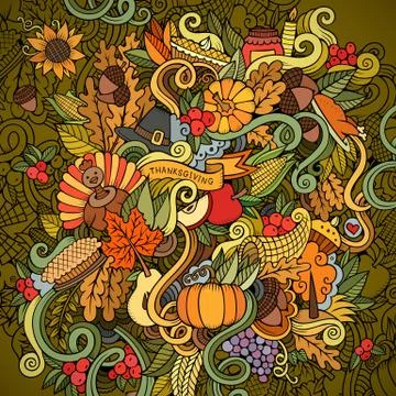 Cartoon vector hand drawn Doodle Thanksgiving illustration. Stock Illustration