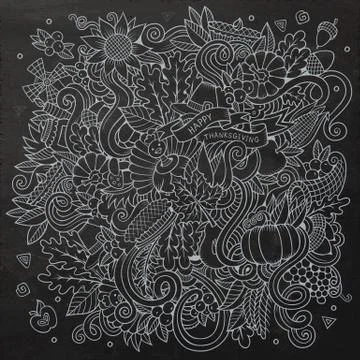 Cartoon vector hand-drawn Doodle Thanksgiving. Chalkboard design Stock Illustration