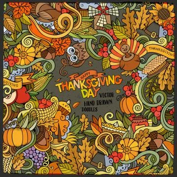 Cartoon vector hand-drawn Doodle Thanksgiving frame. Stock Illustration