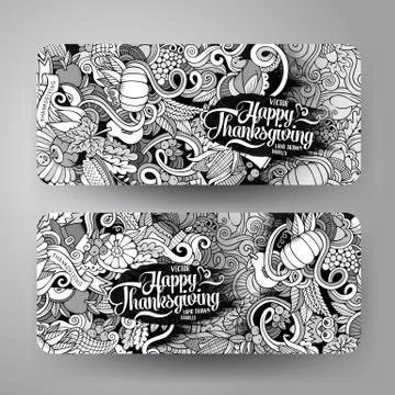 Cartoon vector hand-drawn Doodle Happy Thanksgiving Day cards Stock Illustration