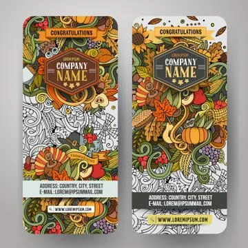 Cartoon vector hand-drawn Doodle Happy Thanksgiving Day cards Illustrazione stock