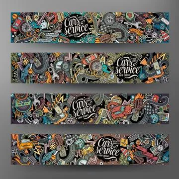 Cartoon vector hand drawn doodles Aautomobile horizontal banners Stock Illustration