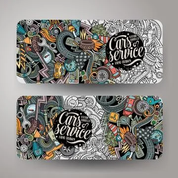 Cartoon vector hand drawn doodles Aautomobile horizontal banners Illustrazione stock