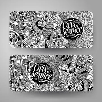 Cartoon vector hand drawn doodles Aautomobile horizontal banners Illustrazione stock