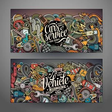 Cartoon vector hand drawn doodles Aautomobile horizontal banners Stock Illustration