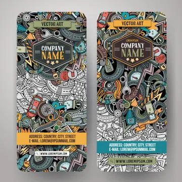 Cartoon vector hand drawn doodles Aautomobile horizontal banners Stock Illustration