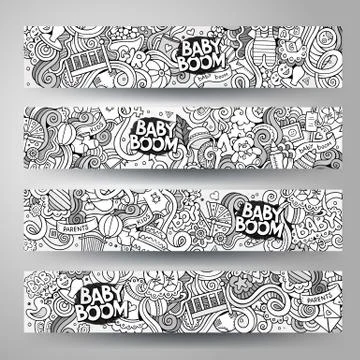 Cartoon vector hand-drawn sketchy baby boom doodles banners Stock Illustration