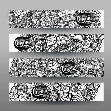 Cartoon vector hand-drawn sketchy trace Doodle Cinema banners design Stock Illustration