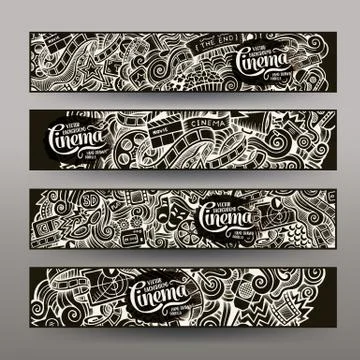Cartoon vector hand-drawn sketchy trace Doodle Cinema banners design Stock Illustration