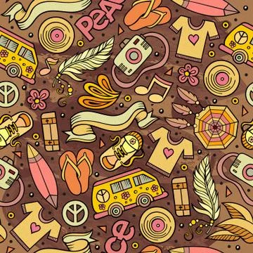 Cartoon vector hippie seamless pattern 스톡 일러스트