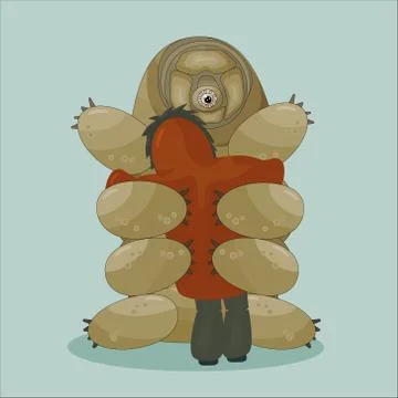 Cartoon vector Human in winter or autumn coat gives a huge hug to tardigrade Stock Illustration
