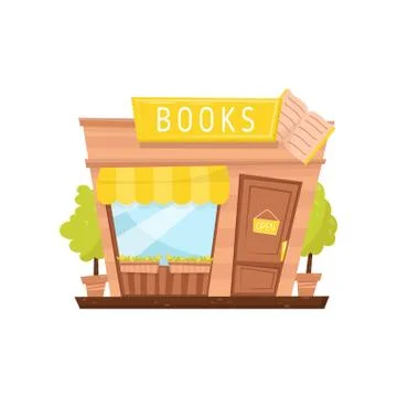 Cartoon vector icon of book store facade. Building with signboard, wooden door Ilustración de archivo
