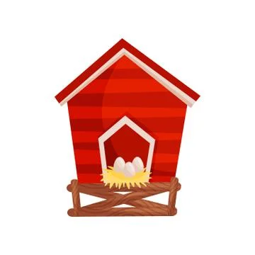 Cartoon vector icon of bright red chicken coop, fresh eggs in the nest. Wooden Stock Illustration