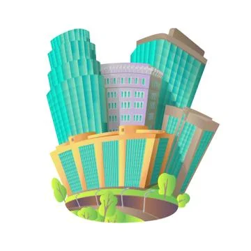 Cartoon vector icons with a group of high-rise buildings glass windows. near the Stock Illustration