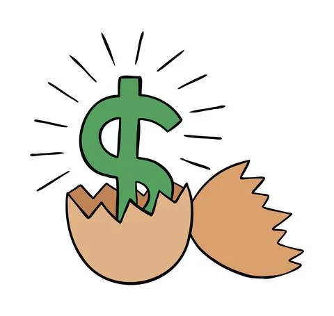 Cartoon vector illustration of broken egg and dollar money inside. Illustrazione stock