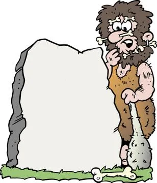 Cartoon Vector illustration of a Caveman looking at a Big Stone Stock Illustration