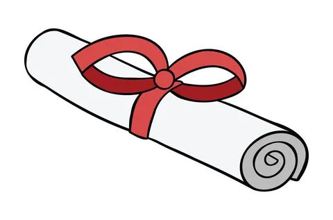 Cartoon vector illustration of certificate or diploma with red ribbon. Illustrazione stock