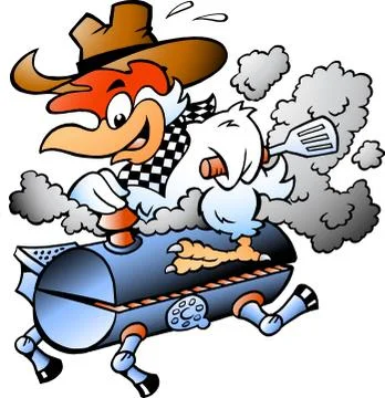 Cartoon Vector illustration of an Chef Chicken riding a BBQ grill barrel Stock Illustration