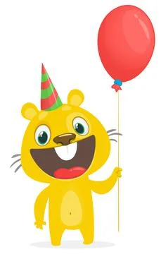 Cartoon vector illustration of cute hamster holding red balloon. Birthday par Stock Illustration