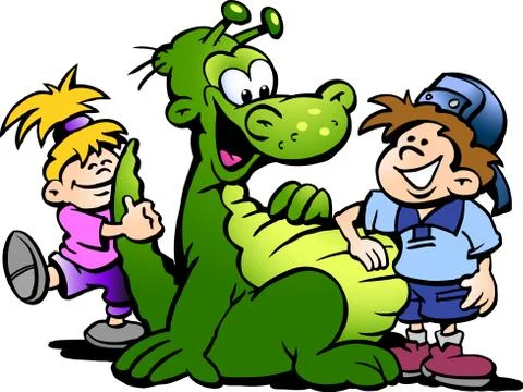 Cartoon Vector illustration of a Dinosaur having fun with Kids Stock Illustration