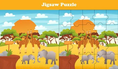 Cartoon vector illustration of educational jigsaw puzzle game for preschool c Stock Illustration