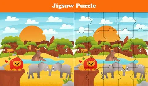 Cartoon vector illustration of educational jigsaw puzzle game for preschool c Stock Illustration