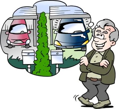 Cartoon Vector illustration of a happy old man compares the car with the neig Stock Illustration