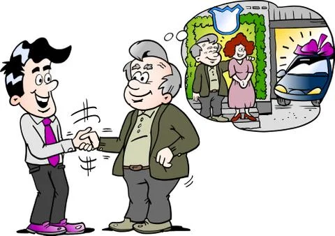 Cartoon Vector illustration of a old man there have buy a new auto car Stock Illustration