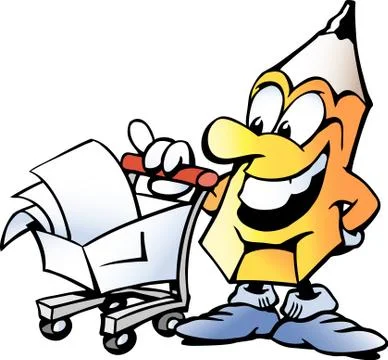 Cartoon Vector illustration of a Pencil standing in front of a Shopping Cart Stock Illustration