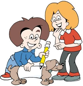 Cartoon Vector illustration of two happy children with a family dog Stock Illustration