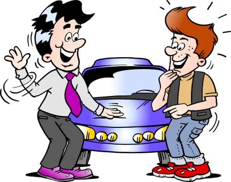 Cartoon Vector illustration of a young man there thinking of buying a new spo Stock Illustration