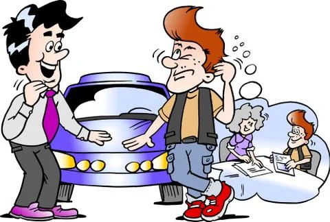 Cartoon Vector illustration of a young man think how to finance the sports ca Stock Illustration