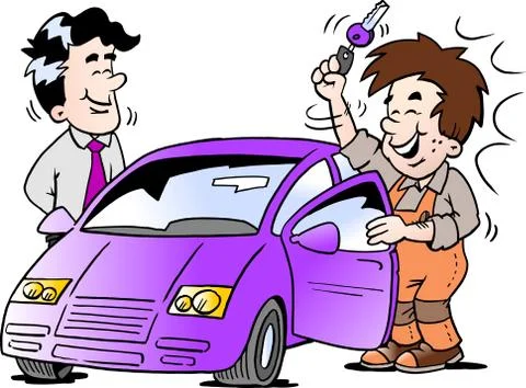 Cartoon Vector illustration of a young man who receives the key to his new ca Stock Illustration