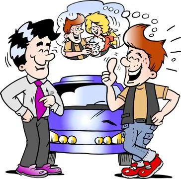 Cartoon Vector illustration of a young man there is so happy for his new auto Stock Illustration