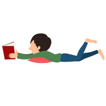 Cartoon vector image of boy lying on the floor and reading book. Stock Illustration