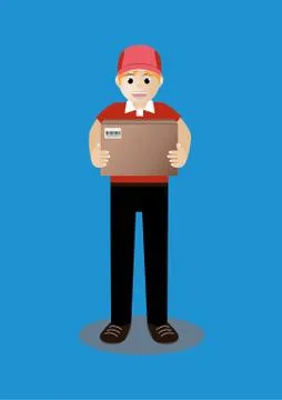 Cartoon vector of man in red uniform delivery of box package Stock Illustration