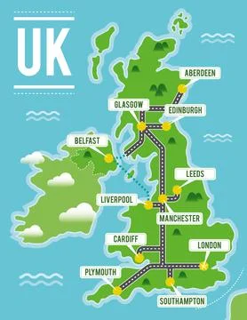 Cartoon vector map of United Kingdom. Travel illustration with british main c Stock Illustration