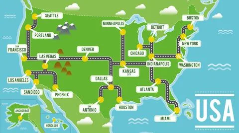 Cartoon vector map of USA. Travel illustration with american main cities. Stock Illustration