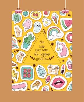 Cartoon vector pattern girlish accessories lipstick icecream kids unicorn Stock Illustration
