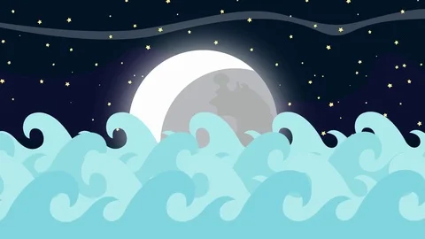 Cartoon Vector Sea Waves on a Starry Night with a Full Moon Stock Footage 72940165