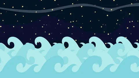 Cartoon Vector Sea Waves on a Starry Night Background Stock Footage 72940167