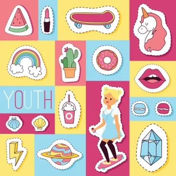 Cartoon vector seamless pattern girlish accessories lipstick icecream kids イラスト素材