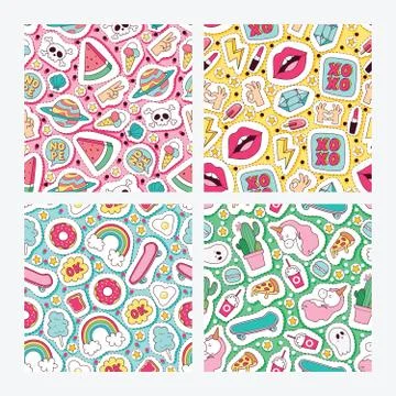 Cartoon vector seamless pattern girlish accessories lipstick icecream kids Stockillustratie
