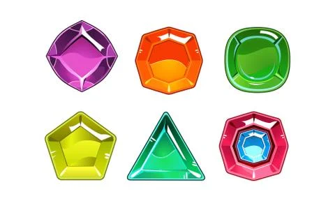 Cartoon vector set of 6 shiny gemstones of different shapes. Valuable stones Illustrazione stock