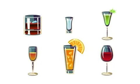 Cartoon vector set of alcoholic drinks in different glasses. Tasty cocktails Stock Illustration