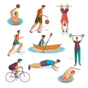 Cartoon vector set of men involved in various sports. Active workout. Athletic Stock Illustration
