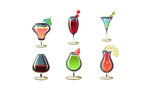 Cartoon vector set of various cocktails in glasses. Tasty alcoholic drinks with Stock Illustration
