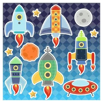 Cartoon vector space rockets graphic, moon, stars, ufo Stock Illustration