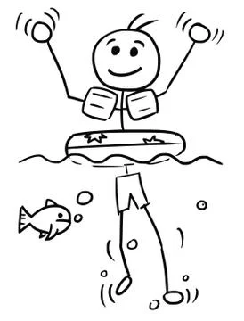 Cartoon Vector Stick Man Relaxing Swimming with Swim Ring Stock Illustration