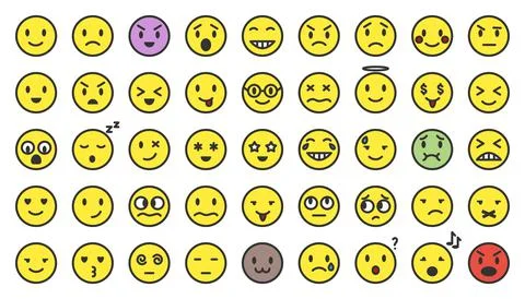 Cartoon vector yellow flat line emoji set isolated Stock Illustration
